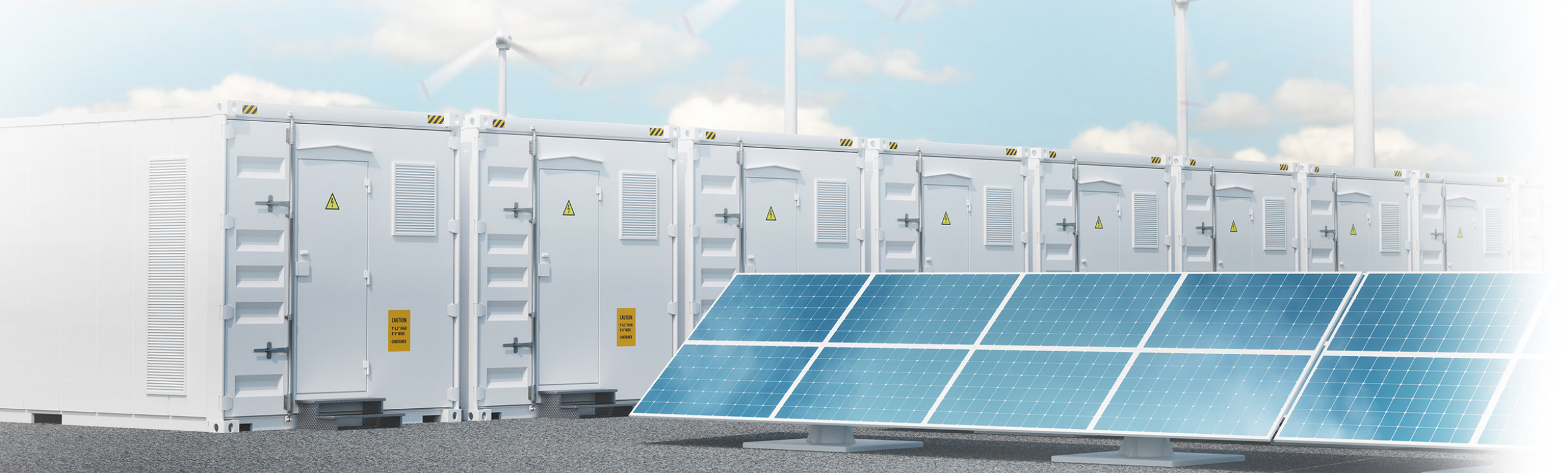 3D Illustration of solar panel array with wind turbines and large metal  containers that contain batteries for energy storage